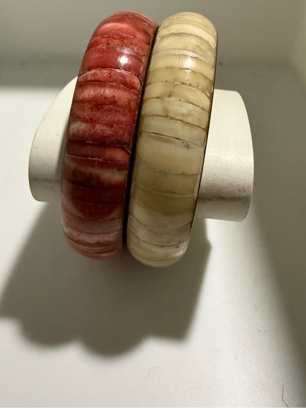 Source Unknown Red and Cream Carved Stone Bangle Bracelets